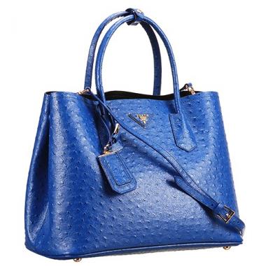 Prada Double Tote Ostrich Leather Bag Blue Replica