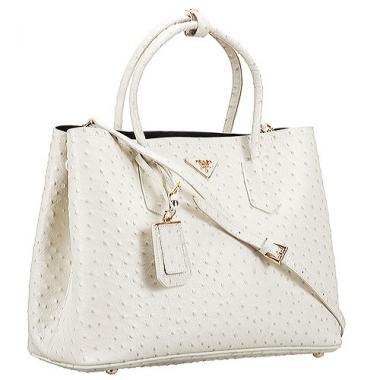 Prada Double Tote Ostrich Leather Bag White