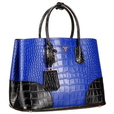 Prada Saffiano Crocodile Leather Black And Blue Bag HM00437