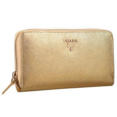 Replica Prada Saffiano Leather Zip Around Gold Wallet