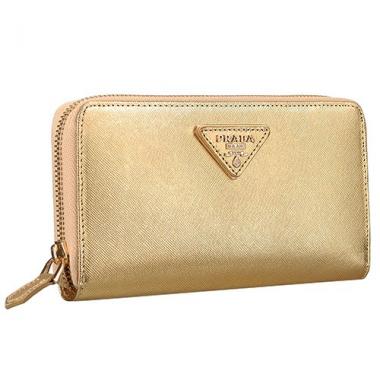 Prada Saffiano Leather Zip Around Small Gold Wallet