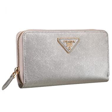 Prada Saffiano Leather Zip Around Small Silver Wallet