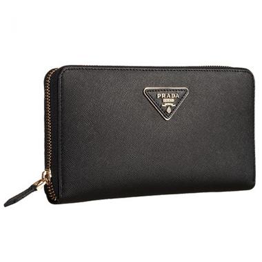 Prada Vernice Saffiano Leather Zip Around Black Wallet