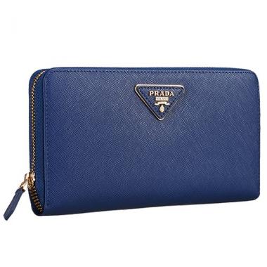 Prada Vernice Saffiano Leather Zip Around Dark Blue Wallet