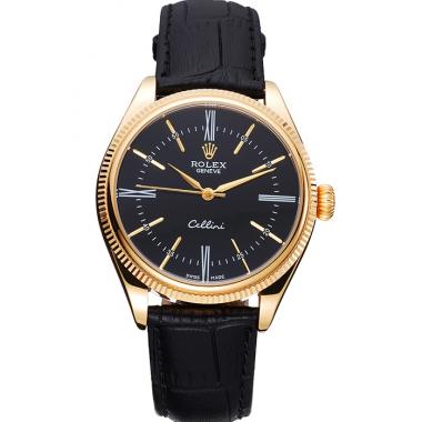 Cheap Rolex Cellini Black Dial Gold Case Black Leather Strap  622832