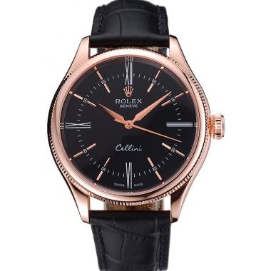 Rolex Cellini Black Dial Pink Gold Case Black Leather Strap  622842