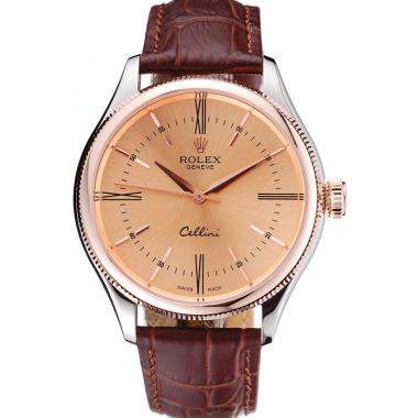 Rolex Cellini Gold Dial And Bezel Stainless Steel Case Brown Leather Strap  622840