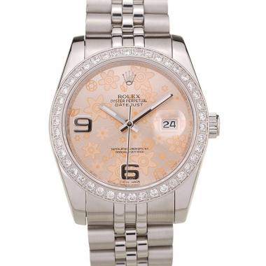 Rolex DateJust Brushed Stainless Steel Case Orange Flowers Dial Diamonds Plated