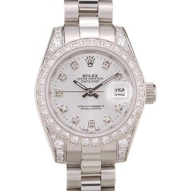 Replica Rolex DateJust Brushed Stainless Steel Diamond Plated Case White Dial Diamond Plated Bezel