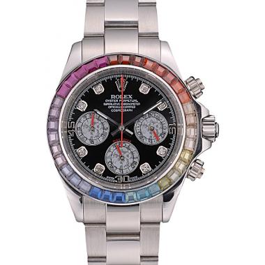 Cheap Rolex Daytona Cosmograph Rainbow Crystals Bezel Stainless Steep Strap Black Dial 80250