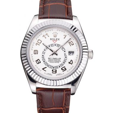 Rolex Sky Dweller White Dial Stainless Steel Case Brown Leather Strap Replica