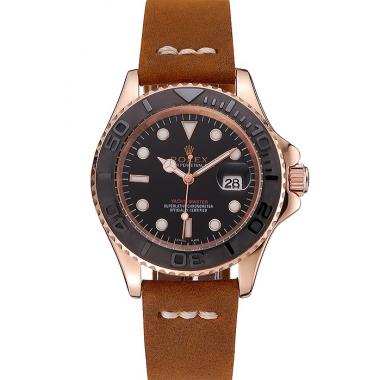 Rolex Yacht Master Black Dial Rose Gold Case Brown Leather Bracelet 1453861