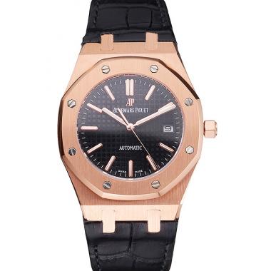 Swiss Audemars Piguet Royal Oak Black Dial Gold Case Black Leather Strap