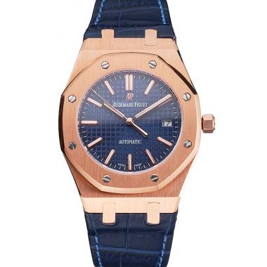 Swiss Audemars Piguet Royal Oak Blue Dial Gold Case Blue Leather Strap Replica