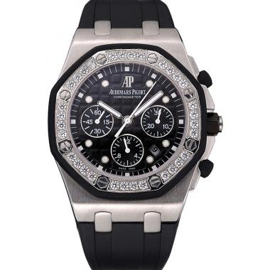 Replica Swiss Audemars Piguet Royal Oak Chronometer Black Dial Diamond Bezel Stainless Steel Case Black Rubber Strap  622867