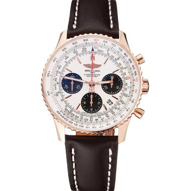 Swiss Breitling Navitimer 01 White Dial Black Subdials Rose Gold Case Brown Leather Strap Replica