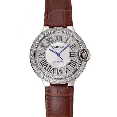 Swiss Cartier Ballon Bleu 46 MM Diamond Dial  Diamond Case Brown Leather Bracelet 1453895 Replica