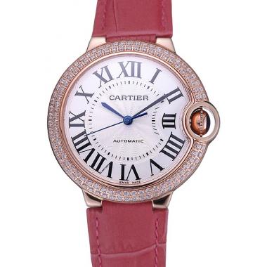 Swiss Cartier Ballon Bleu de Cartier White Dial Diamonds Case Pink Leather Bracelet  622553 Replica