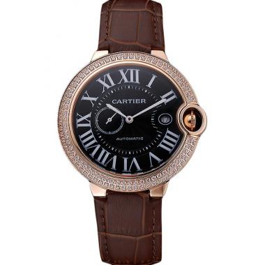 Swiss Cartier Ballon Bleu Diamond Case Black Dial Brown Leather Bracelet  622679