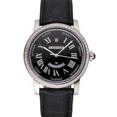 Replica Swiss Cartier Ballon Bleu GMT Silver Dial Stainless Steel Case Black Leather Strap