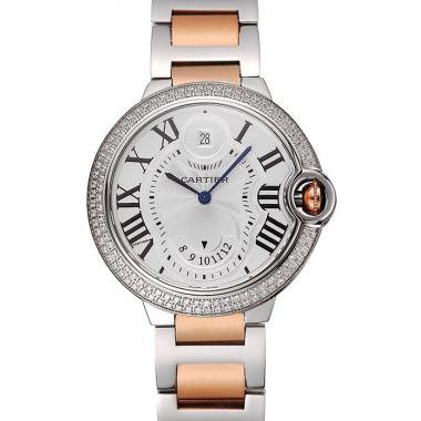 Swiss Cartier Ballon Bleu Two Timezone White Dial Diamond Case Rose Gold And Silver Bracelet 1453874