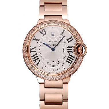 Swiss Cartier Ballon Bleu Two Timezone White Dial Diamond Case Rose Gold Bracelet 1453870