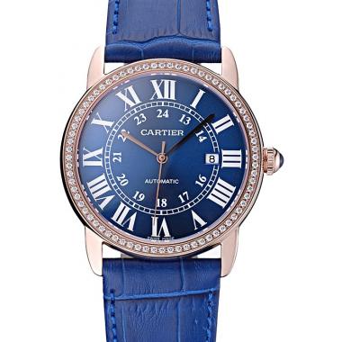 Swiss Cartier Ronde Solo Gold Diamond Case Blue Dial Roman Numerals  622208