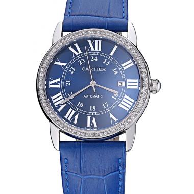 Swiss Cartier Ronde Solo Stainless Steel Diamond Case Blue Dial Roman Numerals  622197