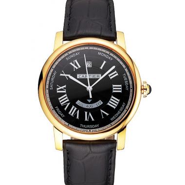 Cheap Swiss Cartier Rotonde Annual Calendar Black Dial Gold Case Black Leather Strap