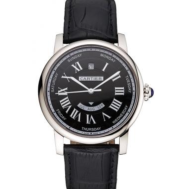 Swiss Cartier Rotonde Annual Calendar Black Dial Stainless Steel Case Black Leather Strap