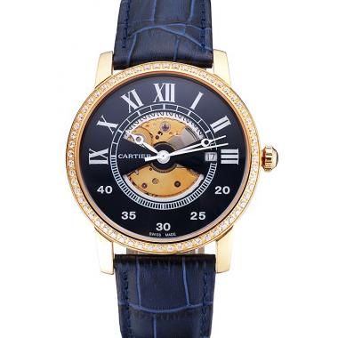 Swiss Cartier Rotonde Small Complication Blue Dial Gold Diamond Case Blue Leather Strap