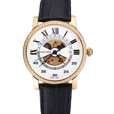 Swiss Cartier Rotonde Small Complication White Dial Gold Diamond Case Black Leather Strap