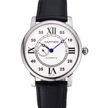 Cheap Swiss Cartier Rotonde Solo White Dial Silver Case Black Leather Strap