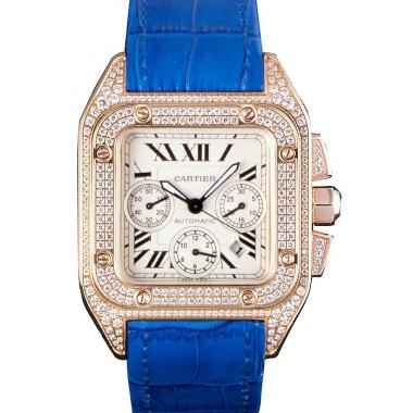 Swiss Cartier Santos Rose Gold Bezel with Diamonds and Blue Leather Strap  621529