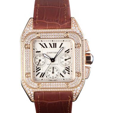 Cheap Swiss Cartier Santos Rose Gold Bezel with Diamonds and Brown Leather Strap sct43  621527