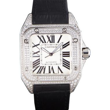 Swiss Cartier Santos Silver Bezel with Diamonds and Black Leather Strap sct47  621531