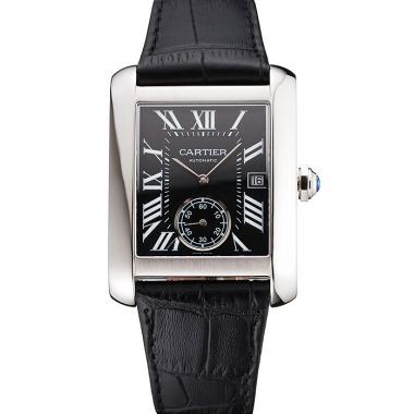 Swiss Cartier Tank MC Black Dial Stainless Steel Case Black Leather Strap Replica