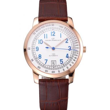 Swiss Girard-Perregaux 1966 Automatic White Dial Gold Case Blue Numerals Brown Leather Strap