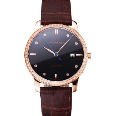 Cheap Swiss Girard-Perregaux 1966 Black Dial Gold Diamond Case Brown Leather Strap