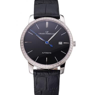 Swiss Girard-Perregaux 1966 Black Dial Silver Diamond Case Black Leather Strap