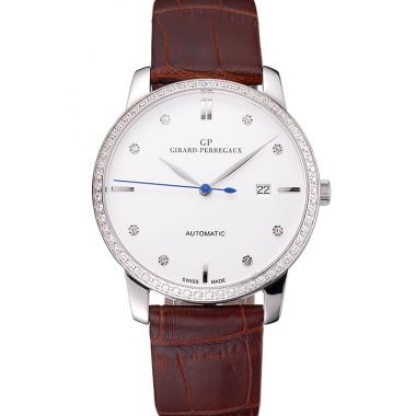 Cheap Swiss Girard-Perregaux 1966 White Dial Silver Diamond Case Brown Leather Strap