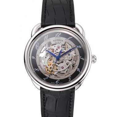 Replica Swiss Hermes Arceau Skeleton Black Dial Blue Hands Stainless Steel Case Black Leather Strap