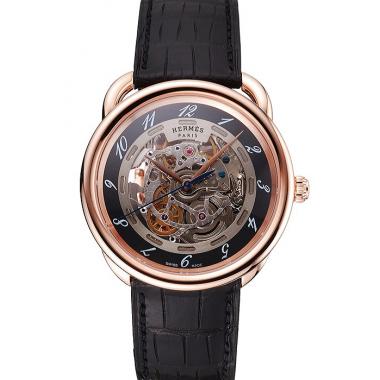 Replica Swiss Hermes Arceau Skeleton Black Dial Brown Hands Rose Gold Case Black Leather Strap