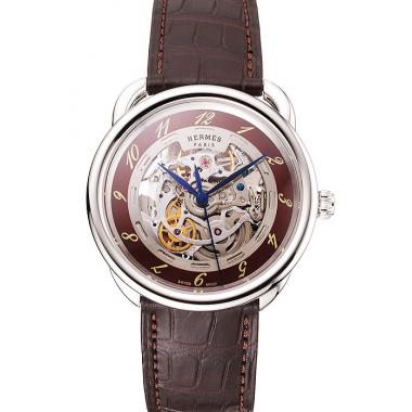 Swiss Hermes Arceau Skeleton Brown Dial Blue Hands Stainless Steel Case Brown Leather Strap Replica