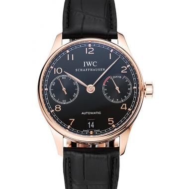 Replica Swiss IWC Portuguese Black Dial Gold Case Black Leather Bracelet 1453918