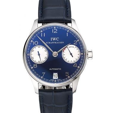 Replica Swiss IWC Portuguese Black Dial White Subdials Silver Case Black Leather Bracelet 1453904