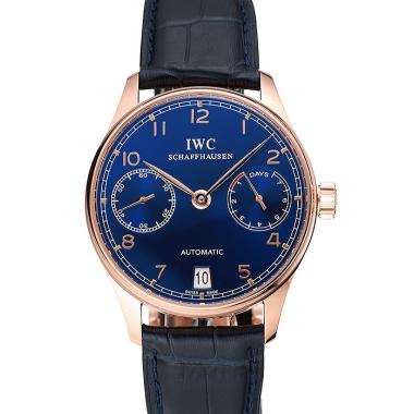 Swiss IWC Portuguese Blue Dial Gold Case Blue Leather Bracelet 1453919 Replica