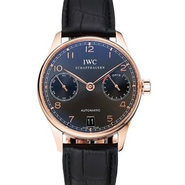 Swiss IWC Portuguese Dark Grey Dial Gold Case Black Leather Bracelet 1453917