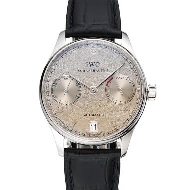 Swiss IWC Portuguese Grey Dial Silver Case Black Leather Bracelet 1453907