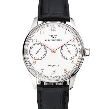 Replica Swiss IWC Portuguese White Dial Rose Gold Numerals Silver Case Black Leather Bracelet 1453910